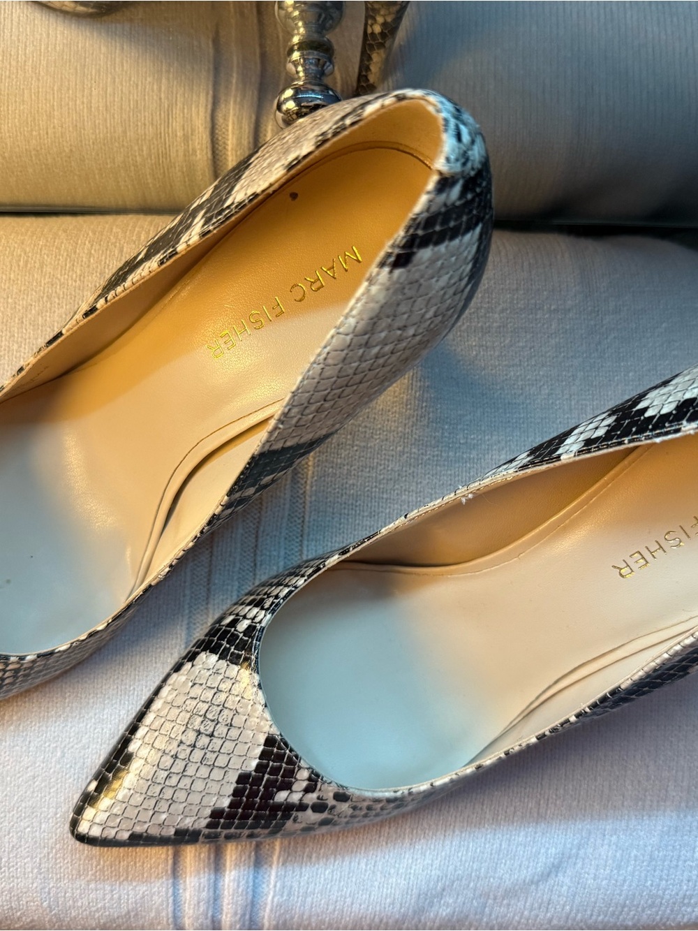 Marc Fisher Black & White Snake-Print Pointed Toe Pumps